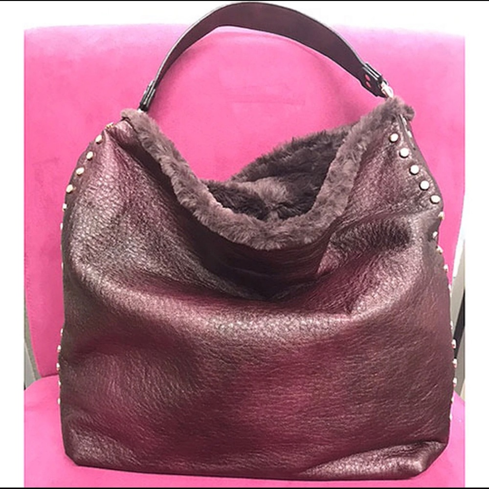 Softest Faux Fur-Lined Slouchy Hobo in Burgundy